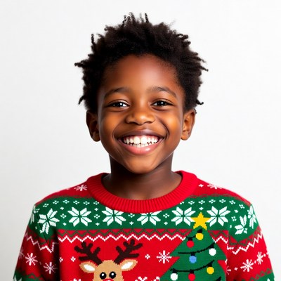 African-American boy smiling in Christmas sweater