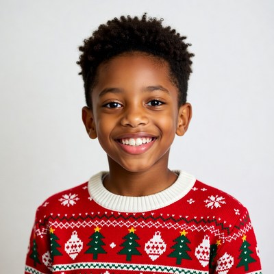 Smiling African-American boy in Christmas sweater