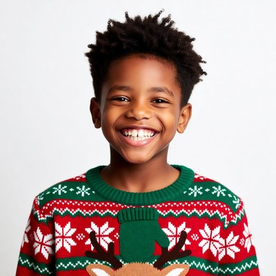 Smiling African-American boy in reindeer Christmas sweater