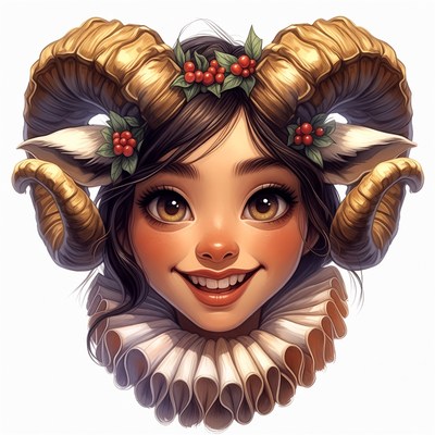 Girl with golden ram horns and holly