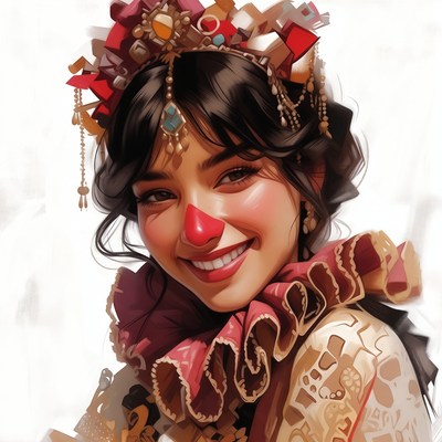 Smiling Woman in Elaborate Clown Headdress