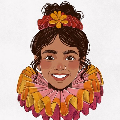 Woman with colorful ruffled collar