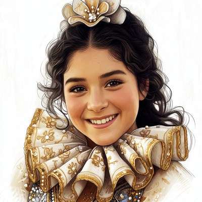 Smiling girl in gold ruffled collar