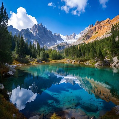 Turquoise Lake in Snowy Mountains