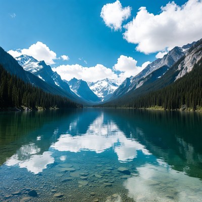 Mountain Lake with Snowy Peaks Reflection