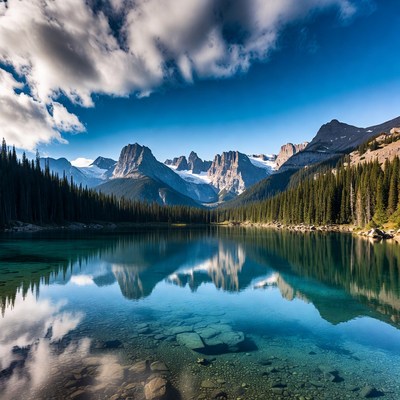 Mountain Lake with Reflections and Forests
