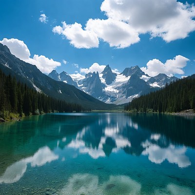 Turquoise Lake Reflecting Snowy Mountains