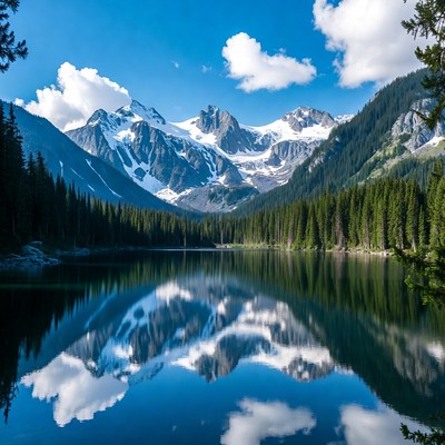 Mountain Lake with Snowy Peaks Reflection