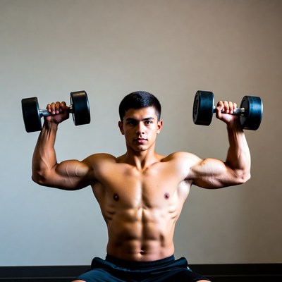Muscular man lifting dumbbells
