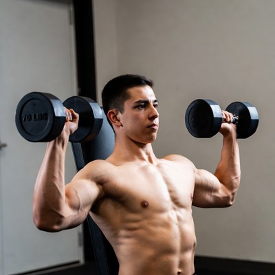 Muscular man lifting 70lb dumbbells