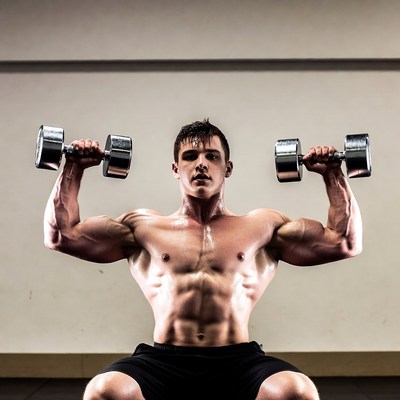 Muscular man lifting dumbbells