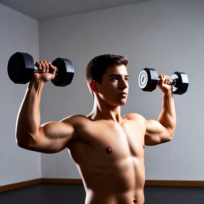 Muscular young man lifting dumbbells