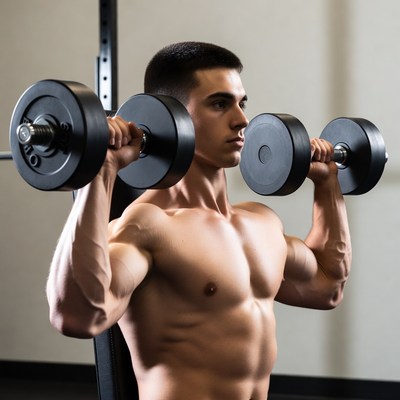 Muscular man lifting dumbbells