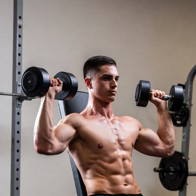 Muscular man lifting dumbbells