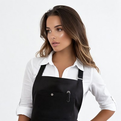Woman in white shirt black apron