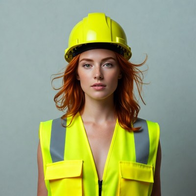 Redhead woman in yellow hard hat vest