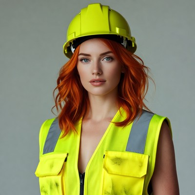 Redhead woman in yellow hard hat vest