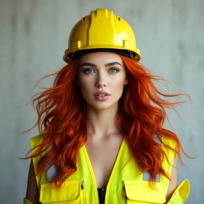 Redhead woman in yellow hard hat vest