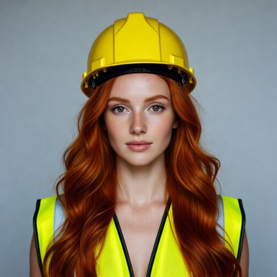 Redhead woman wearing yellow hard hat