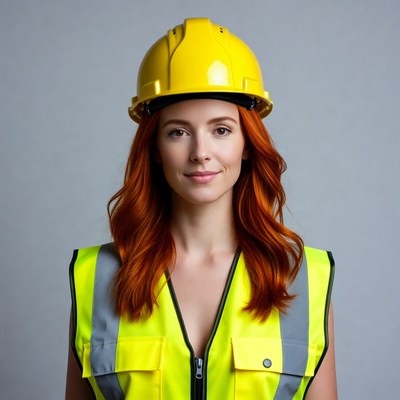 Redhead woman in yellow hard hat and vest