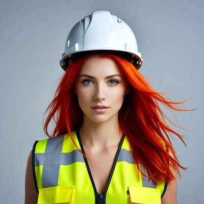 Redhead woman in hard hat and vest