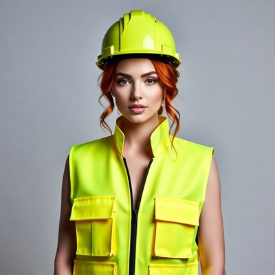 Redhead woman in yellow hard hat vest