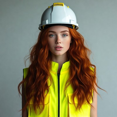 Redhead woman in hard hat and vest