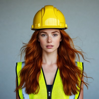 Redhead woman in yellow hard hat