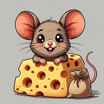 Cute mouse on cheese with sack