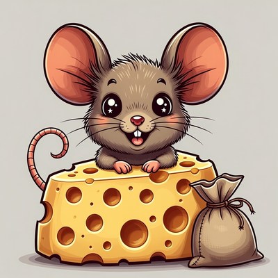 Cute mouse on cheese with sack