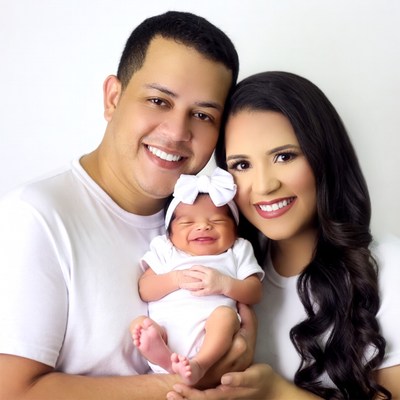 Latino family holding smiling newborn baby