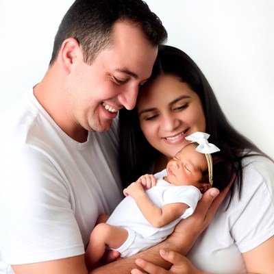 Happy Latino family holding newborn baby