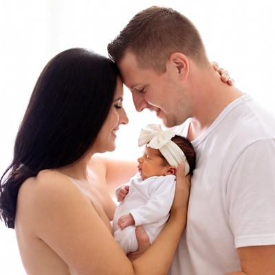 Parents cradling newborn baby
