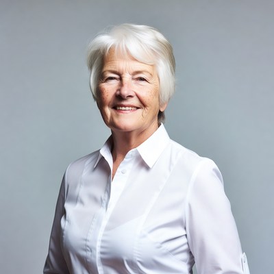 Smiling elderly woman in white shirt