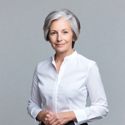 Smiling elderly woman in white shirt