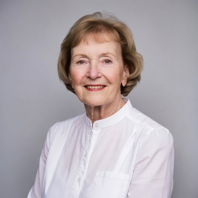 Smiling elderly woman in white shirt