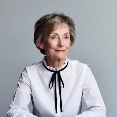 Elderly woman in white blouse with black bow