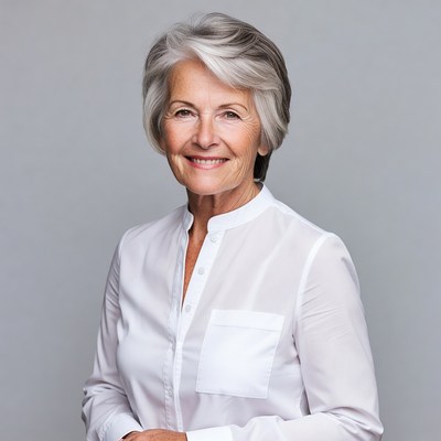 Smiling elderly woman in white shirt