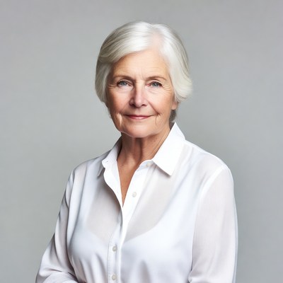 Elderly woman smiling in white blouse