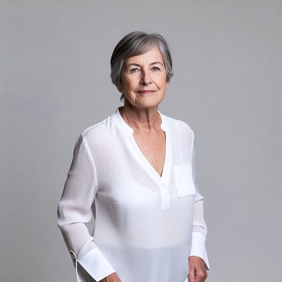 Smiling elderly woman in white blouse