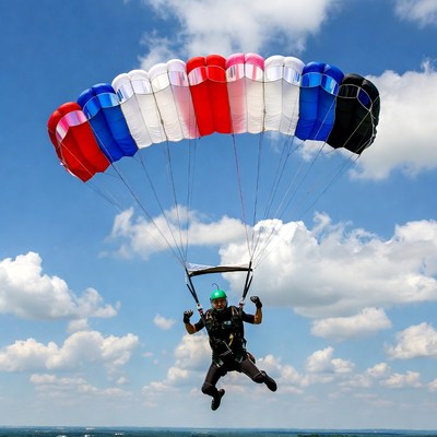 Skydiver with multicolored parachute