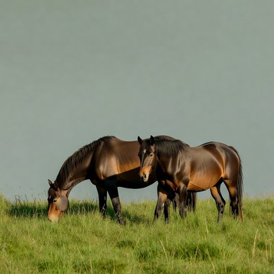 Two brown horses grazing grass