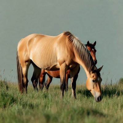 Two Przewalski horses grazing grass