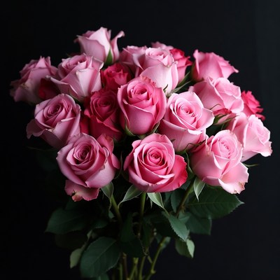 Pink Roses Bouquet on Black Background