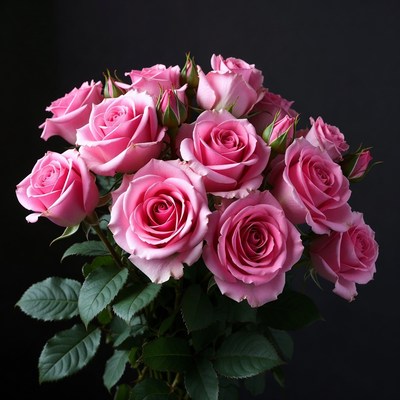 Pink Roses Bouquet on Black Background