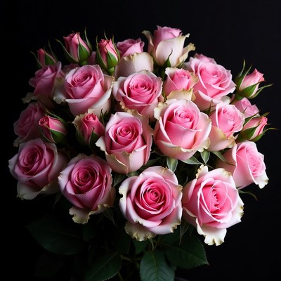 Pink Roses Bouquet on Black Background
