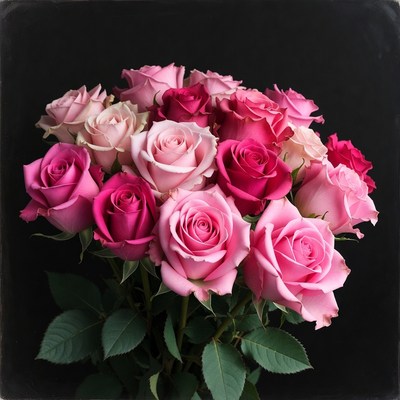 Pink Roses Bouquet on Black Background