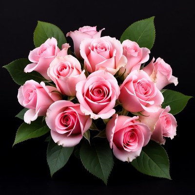 Pink Roses Bouquet on Black Background