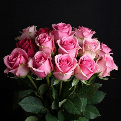 Pink Roses Bouquet on Black Background