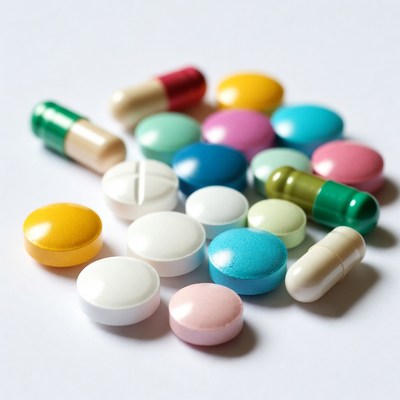 Colorful pills scattered on white background